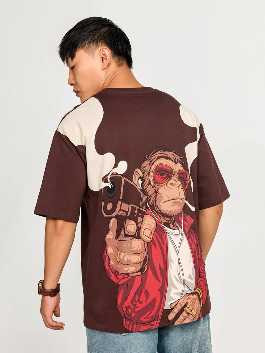 Exofits Watch Your Back Brown Oversized Printed T-Shirt for Men | Premium Cotton Graphic Half Sleeve Tee