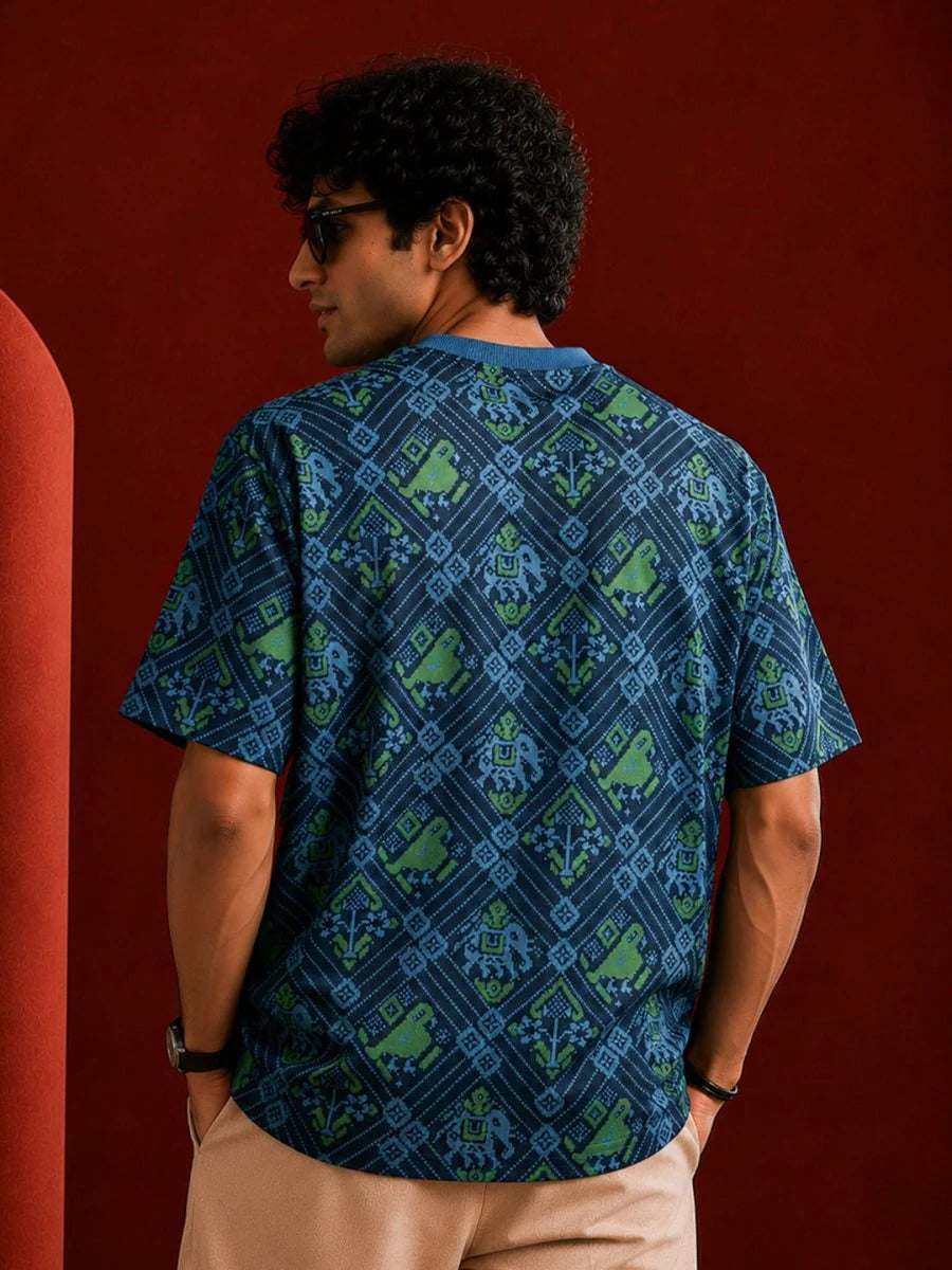 Exofits Pride of India Collection Regal Lion Patola Oversized Printed T-Shirt for Men | Premium Cotton Graphic Half Sleeve Tee